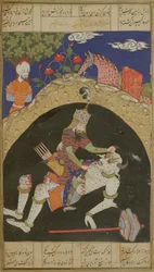 Rustam tötet den Weißen Div von Mazandaran, Illustration aus dem Shahnama (Buch der Könige), von Abul-Qasim Manur Firdawsi (ca. 934-ca. 1020), aus der Deccan-Region, 1590