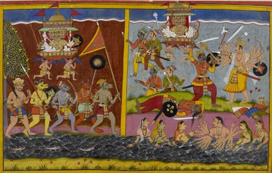 Ravana rückt vor, um gegen Arjuna zu kämpfen, der seinen General Prahasta besiegt