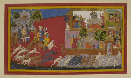 Rāvaṇa täuscht Sītā mit einem falschen Kopf; Affen erkunden Laṅkā