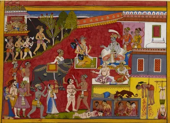 Rāvaṇa steigt in Yamas Reich hinab, während Nārada folgt