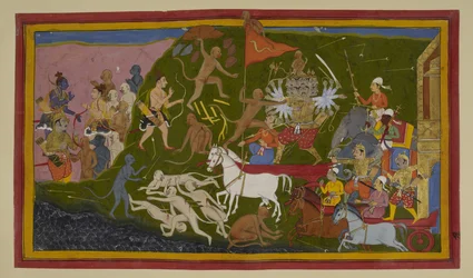 Rāvaṇa verwundet Affen; Hanumān und Lakṣmaṇa greifen an und fordern ihn heraus