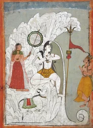 Shiva trägt den Abstieg des Ganges, Folio aus einem Hindi-Manuskript des Heiligen Narayan, ca. 1740