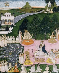 Shiva sitzt auf einer Tigerhaut und hält Devi in einem Umhang, ca. 1760
