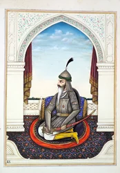 Sirdar Harri Singh, aus Das Königreich Punjab, seine Herrscher und Häuptlinge, Band I, ein Band mit 27 Aquarellstudien eines unbekannten indischen Künstlers, ca. 1840