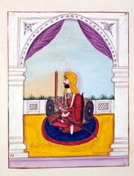 Sirdar Runjodh Singh (Majithia), aus Das Königreich Punjab, seine Herrscher und Häuptlinge, Band II, ein Band mit 30 Aquarellstudien eines unbekannten indischen Künstlers, ca. 1840