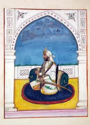 Sirdar Shamshir Singh, aus Das Königreich Punjab, seine Herrscher und Häuptlinge, Band I, ein Band mit 27 Aquarellstudien eines unbekannten indischen Künstlers, ca. 1840