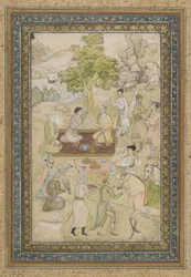 Sultan Murad und Sultan Daniyal bei einem Picknick, abgelöstes Albumblatt mit Malerei, ca. 1900