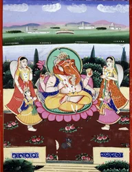 Die Gottheit Ganesha, Tochter von Shiva und Parvati. Indischer Volksdruck des 19. Jahrhunderts