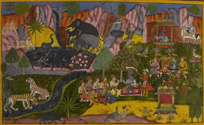 Die Götter loben Rāma und laden ihn ein, die Einsiedelei des Weisen Agastya zu besuchen, während er durch einen Wald reist