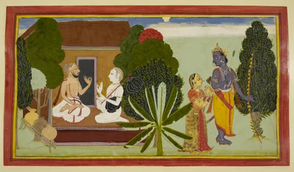 Valmiki und Narada unterhalten sich links, mit Rama und Sita rechts