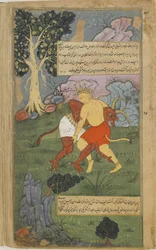 Hanuman besiegt Nikumbha, indem er ihm den Kopf abreißt