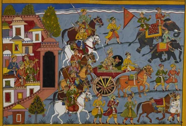 Shatrughna verlässt Ayodhya, um in sein Königreich zurückzukehren, mit seinen Begleitern