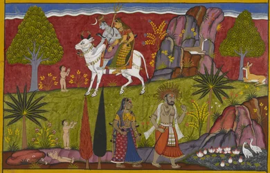 Śiva und Pārvatī gewähren dem Säugling Sukeśa Unsterblichkeit und sofortiges Erwachsensein