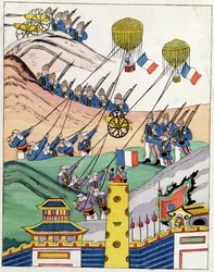 Plakat, das die französischen Truppen zeigt, die erbeutete Ballons zur Zeit der Eroberung von Tonkin verwenden, 1884