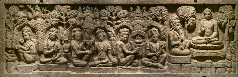Arada Kalama lehrt den zukünftigen Buddha. Indonesien, Java, Boroduru. Ende des 19. Jahrhunderts