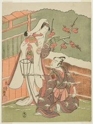 Schauspieler Arashi Sangorô II als Minamoto no Yoritomo und Segawa Kikunojô II als die Schneefrau in „Baumwollwatte von Izu, die die ehelichen Chrysanthemen schützt“ („Myôto-giku Izu no Kisewata“)