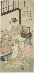Der Schauspieler Yamashita Kinsaku II als Oume, Frau von Kisaku, im Stück Nue no Mori Ichiyo no Mato, aufgeführt im Nakamura Theater im elften Monat, 1770