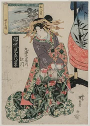 Die Kurtisane Emon von Maruebiya mit Blick auf die Tago-Bucht..., ca. späte 1820er oder frühe 1830er Jahre