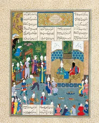 Kay Khusraw wird von seinem Großvater Kay Kaus, König von Iran, begrüßt