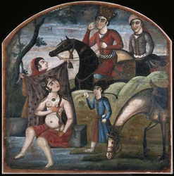 Khusraw entdeckt Shirin beim Baden. Aus dem Bildzyklus von acht poetischen Themen, Mitte des 18. Jahrhunderts