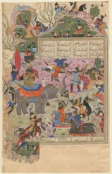 Die Schlacht von Iskandar mit den Zanj aus einem Manuskript des Khamsa von Nizami, 1540-1545