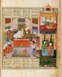 Die Vollendung der Ehe zwischen Khusraw und Shirin, Miniatur aus dem Zyklus der Acht Dichter