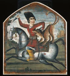 Jäger zu Pferd von einem mythischen Tier angegriffen, Mitte des 18. Jahrhunderts