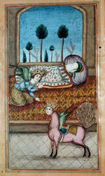 MS. Nezami, Lailah und der Erzengel Gabriel erscheinen dem schlafenden Propheten und Al-Baruq, aus dem Epos von Nezami