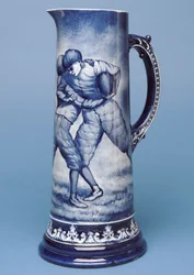 Großer Belleek-Krug mit Rugby-Szene (Keramik)