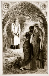 St. Patrick wird von Jungfrauen im Wald von Fochlut empfangen, aus The Trias Thaumaturga, oder Drei Wunder wirkende Heilige von Irland, von Mary Cusack (1829-99) veröffentlicht ca. 1890er Jahre