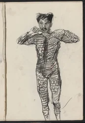 Stehender Mann im Kostüm, möglicherweise ein Künstler