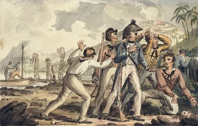 Captain Burney entdeckt seine ermordeten Schiffskameraden, Illustration aus "Die Reisen von Captain Cook"