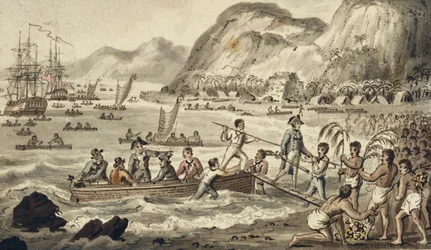 Captain Cook landet auf Owyhee, aus den Reisen von Captain Cook