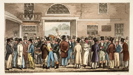 Montag nach dem großen St. Leger, oder Helden des Turfs zahlen und empfangen bei Tattersalls, aus The English Spy, veröffentlicht 1824