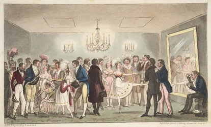 Der Green Room des Kings Theatre, oder edle Amateure betrachten ausländische Kuriositäten, aus The English Spy, veröffentlicht 1824