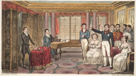 Der König zu Hause, oder Mathews im Carlton House, aus The English Spy, von Charles Westmacott, veröffentlicht 1824