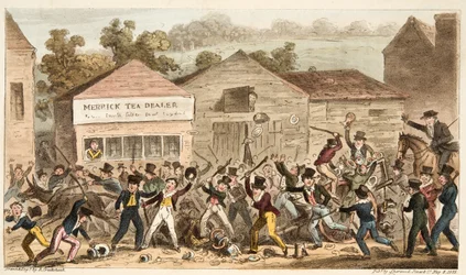 The Tea Pot Row in Harrow, oder die Schlacht von Hog Lane, aus The English Spy, veröffentlicht 1824