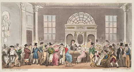 Bekannte Besucher des Pump Room, Bath, trinken einen Schluck mit König Bladud, aus The English Spy, veröffentlicht 1824