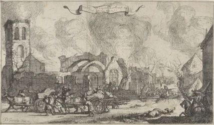 Französische Truppen plündern und schießen durch die Ruinen des Dorfes Nigtevecht, 1672