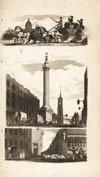 Landmänner auf einer Postkutsche, das Monument und Pie Corner