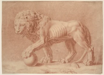 Löwe nach links gewandt mit seiner linken Pfote auf einem Globus