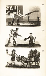 Straßenbewässerung, kleiner Junge an der Kreuzung und der Blumenmann