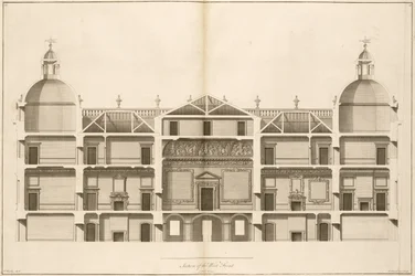 Houghton Hall: Abschnitt der Westfront, gestochen von Pierre Fourdrinier, 1735