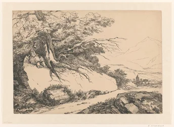 Landschaft mit einem unter einem Baum pausierenden Mann mit Hund