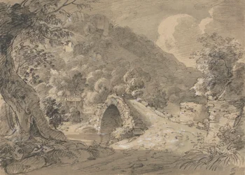 Berglandschaft mit einer Brücke und einem Haus