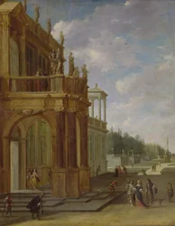Menschen auf der Terrasse eines Palastes