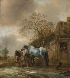 Landschaft mit Bauern, die ein Pferd vor einem Cottage füttern