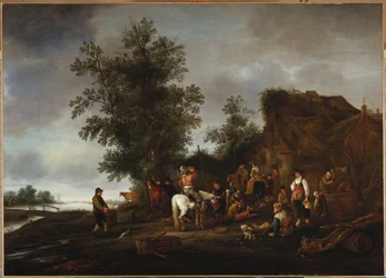 Reisende erfrischen sich in einer Taverne am Flussufer, 1664