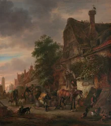 Arbeiter vor einem Gasthaus