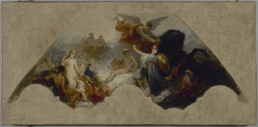 Minerva kämpft gegen brutale Gewalt vor dem wiedervereinigten Olymp, ca. 1872